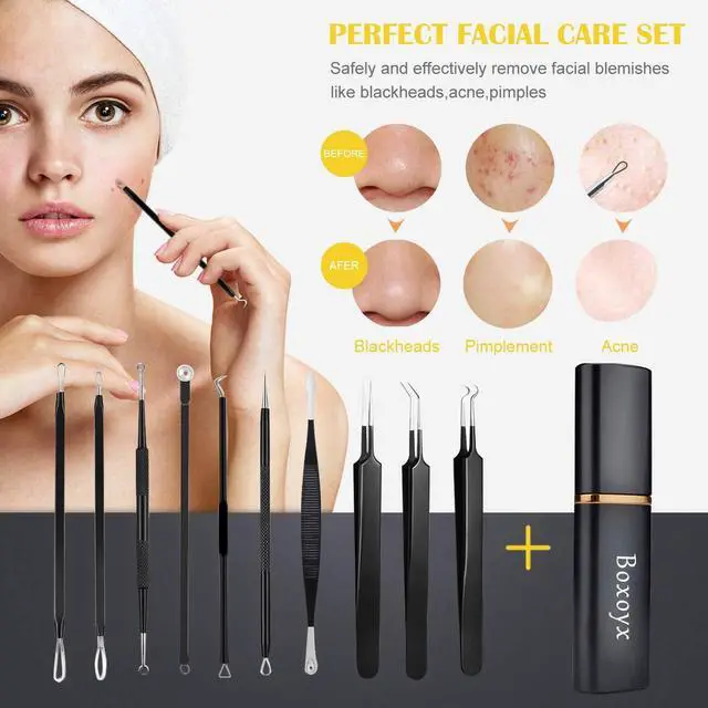 Alt view image 6 of 7 - Pimple Popper Tool Kit - Boxoyx 10 Pcs Blackhead Remover Comedone Extractor Kit with Box for Quick and Easy Removal of Pimples, Blackheads, Zit Removing, Forehead,Facial and Nose (Black)