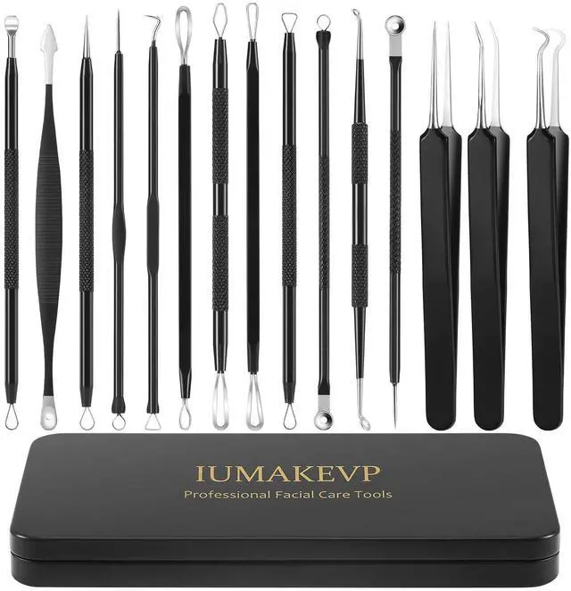 Main image of Pimple Popper Tool Kit, IUMAKEVP 15 PCS Professional Stainless Steel Blackhead Remover Comedone Extractor Tools for Removing Pimples, Blackheads, Zit on Face - Acne Removal Kit with Metal Case (Black)