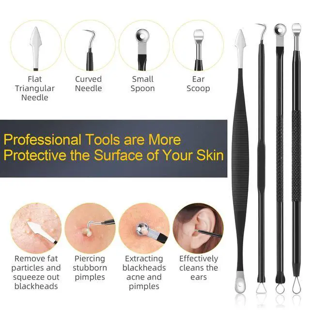 Alt view image 3 of 7 - Pimple Popper Tool Kit, IUMAKEVP 15 PCS Professional Stainless Steel Blackhead Remover Comedone Extractor Tools for Removing Pimples, Blackheads, Zit on Face - Acne Removal Kit with Metal Case (Black)