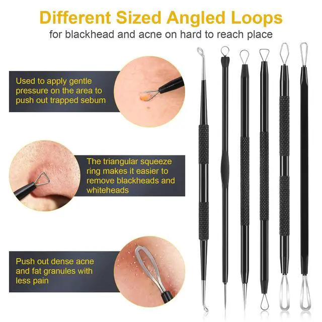 Alt view image 4 of 7 - Pimple Popper Tool Kit, IUMAKEVP 15 PCS Professional Stainless Steel Blackhead Remover Comedone Extractor Tools for Removing Pimples, Blackheads, Zit on Face - Acne Removal Kit with Metal Case (Black)