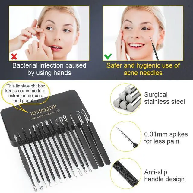 Alt view image 7 of 7 - Pimple Popper Tool Kit, IUMAKEVP 15 PCS Professional Stainless Steel Blackhead Remover Comedone Extractor Tools for Removing Pimples, Blackheads, Zit on Face - Acne Removal Kit with Metal Case (Black)