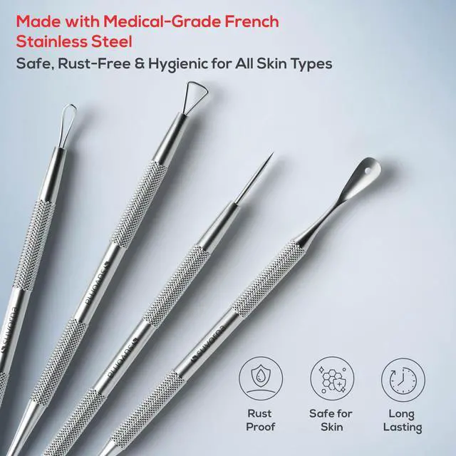 Alt view image 2 of 7 - Pimple Popper Tool Kit & Milia Remover, 4-Piece Stainless Steel Blackhead Extractor, Whitehead & Comedone Extractor with Lancets for Facial Extraction