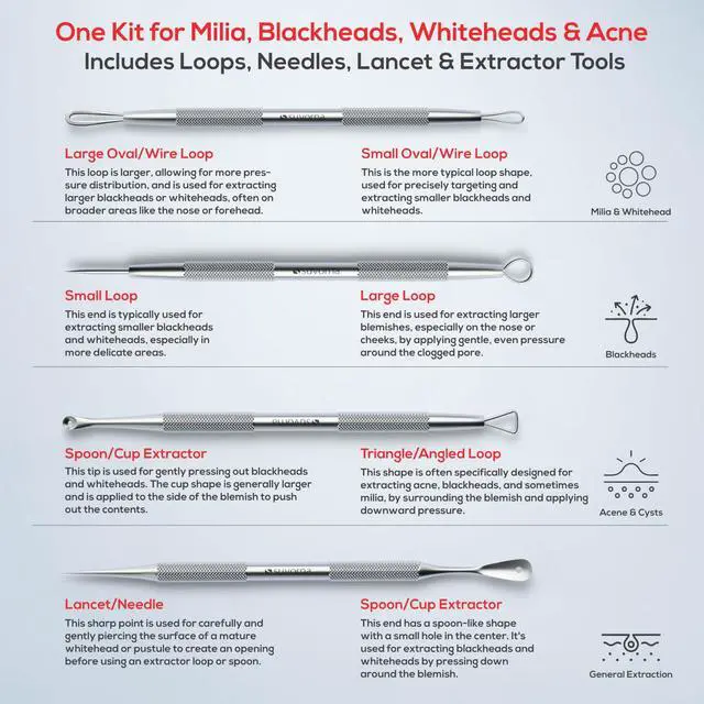 Alt view image 3 of 7 - Pimple Popper Tool Kit & Milia Remover, 4-Piece Stainless Steel Blackhead Extractor, Whitehead & Comedone Extractor with Lancets for Facial Extraction