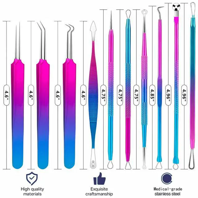 Alt view image 7 of 7 - Pimple Popper Tool Kit - Ybaoo 10 Pcs Blackhead Remover Comedone Extractor Kit with Metal Case for Quick and Easy Removal of Blackheads, Zit Removing, Facial and Nose(Colorful)