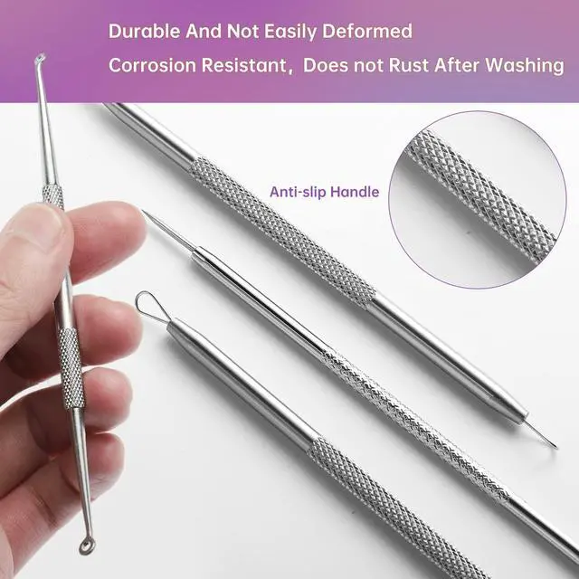 Alt view image 3 of 7 - 15 PCS Pimple Popper Tool Kit,Blackhead Remover Comedone Extractor Tools,Professional Pimple Comedone Extractor,Stainless Steel Skin Blemish Removal Acne Tools for Forehead Nose Face with Metal Case