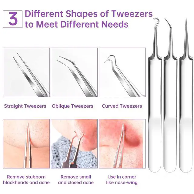 Alt view image 4 of 7 - 15 PCS Pimple Popper Tool Kit,Blackhead Remover Comedone Extractor Tools,Professional Pimple Comedone Extractor,Stainless Steel Skin Blemish Removal Acne Tools for Forehead Nose Face with Metal Case