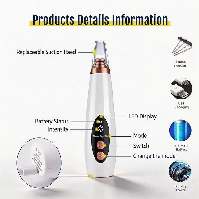 Alt view image 7 of 7 - Blackhead Remover Vacuum, Black Head Remover for Face, Blackhead Extractor with 3 Suction Power, 6 Suction Probes, 4 pcs Pimple Popper Tool Kit, USB Interface Type Pore Vacuum