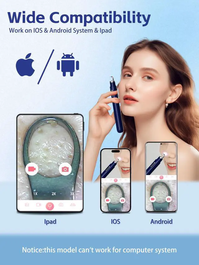 Alt view image 5 of 7 - Visual Blackhead Remover Tools with Camera,Pimple Popper Extractor Tool Kit with Camera 20X 1080P Pore Cleaner Acne Comedone Whitehead Extractor Kit for iPhone/Android (Blue)