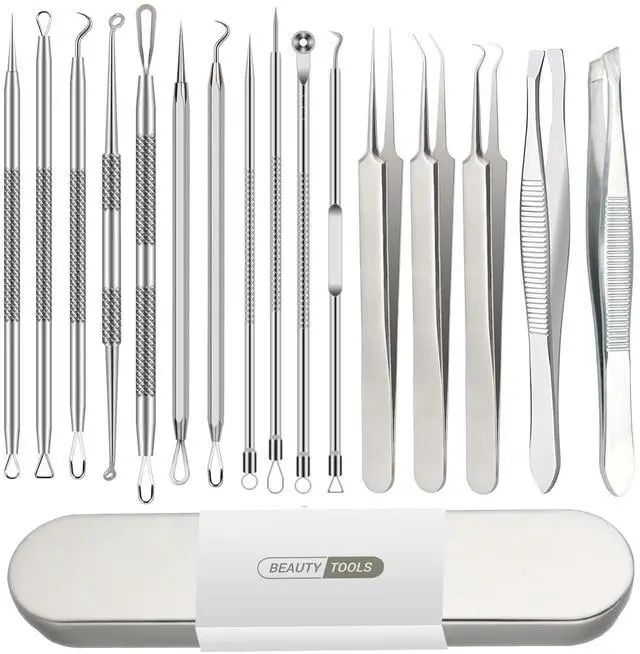 Main image of Pimple Popper Tool Kit, 16 Pcs Blackhead Remover Tools, Professional Tweezers Set Comedone Extractor Acne Tool for Zit Blemish Whitehead Cyst Eyebrows Removal, Beauty Tools for Face