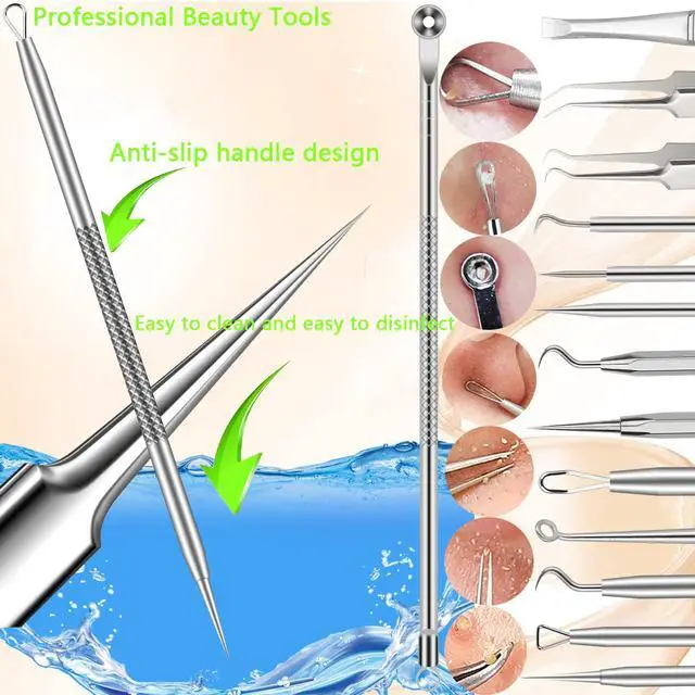 Alt view image 2 of 7 - Pimple Popper Tool Kit, 16 Pcs Blackhead Remover Tools, Professional Tweezers Set Comedone Extractor Acne Tool for Zit Blemish Whitehead Cyst Eyebrows Removal, Beauty Tools for Face