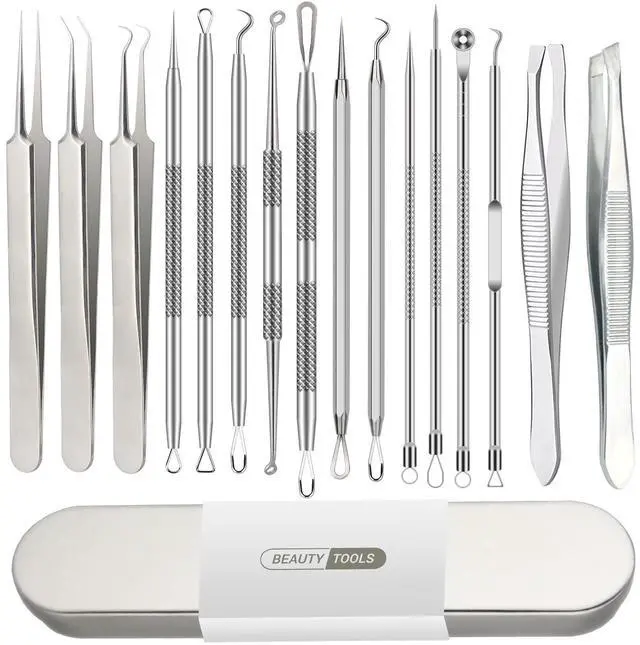 Main image of 16 Pcs Pimple Popper Tool Kit, Blackhead Remover Tools, Comedone Extractor Whitehead Zit and Cyst Acne Removal Kit, Professional Stainless Steel Tweezers for Eyebrows, Beauty Tools for Face Nose