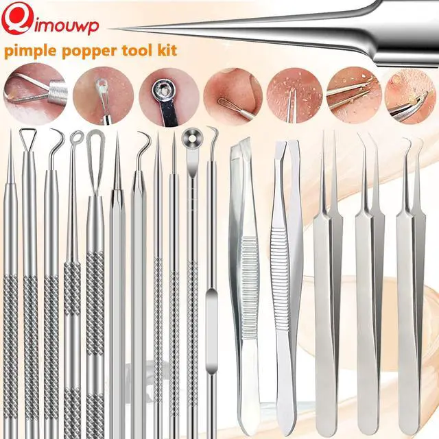 Alt view image 6 of 7 - 16 Pcs Pimple Popper Tool Kit, Blackhead Remover Tools, Comedone Extractor Whitehead Zit and Cyst Acne Removal Kit, Professional Stainless Steel Tweezers for Eyebrows, Beauty Tools for Face Nose