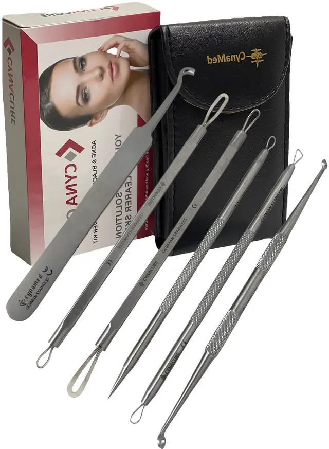 Main image of German Stainless Professional Set of 6- Blackhead Remover Comedones Extractor Acne Removal Kit for Blemish,Whitehead Popping, Zit Removing for Nose Face Tools-Blackhead Removal w/Zipper Leather case
