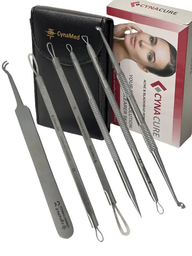 Alt view image 2 of 7 - German Stainless Professional Set of 6- Blackhead Remover Comedones Extractor Acne Removal Kit for Blemish,Whitehead Popping, Zit Removing for Nose Face Tools-Blackhead Removal w/Zipper Leather case