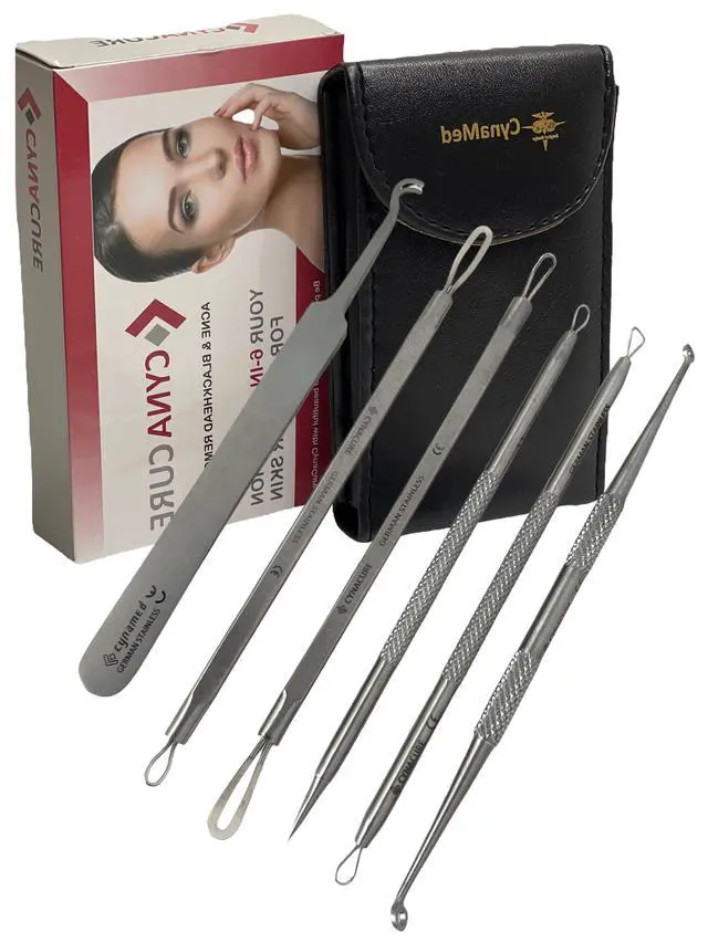 Alt view image 3 of 7 - German Stainless Professional Set of 6- Blackhead Remover Comedones Extractor Acne Removal Kit for Blemish,Whitehead Popping, Zit Removing for Nose Face Tools-Blackhead Removal w/Zipper Leather case