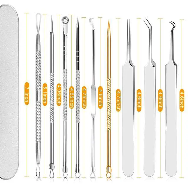 Alt view image 2 of 7 - 10 Pcs Acssart Blackhead Remover Tools, Acssart Stainless Steel Blackhead Remover Kit, Pimple Popper Tool Kit, Blackhead Tweezers with 15x Magnifying Glass, Metal Case
