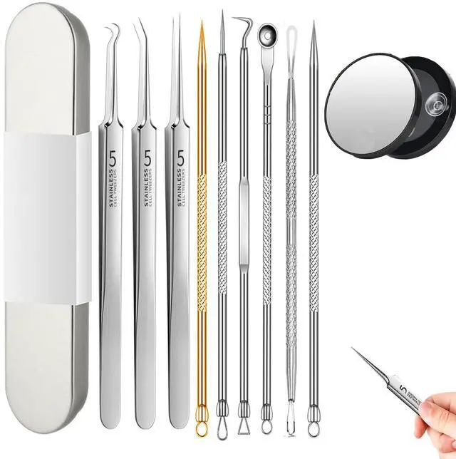 Main image of 10 Pcs Acssart Blackhead Remover Tools, Acssart Stainless Steel Blackhead Remover Kit, Pimple Popper Tool Kit, Blackhead Tweezers with 15x Magnifying Glass, Metal Case