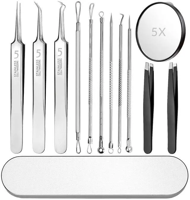 Main image of Pimple Popper Tool Kit 12PCS: 9 × Blackhead Removers, 2 ×Eyebrow Tweezers, 1 × 5X Mirror, Stainless Pimple Extractor, Blackhead, Acne, Blemish, Facial Hair Removal Tools Kit (Black)
