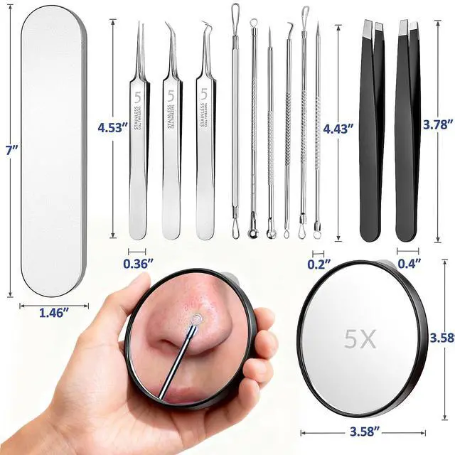Alt view image 2 of 6 - Pimple Popper Tool Kit 12PCS: 9 × Blackhead Removers, 2 ×Eyebrow Tweezers, 1 × 5X Mirror, Stainless Pimple Extractor, Blackhead, Acne, Blemish, Facial Hair Removal Tools Kit (Black)