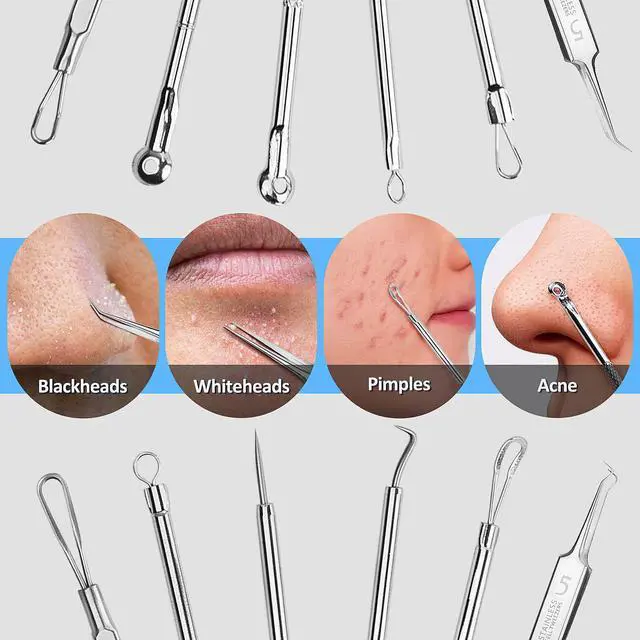 Alt view image 3 of 6 - Pimple Popper Tool Kit 12PCS: 9 × Blackhead Removers, 2 ×Eyebrow Tweezers, 1 × 5X Mirror, Stainless Pimple Extractor, Blackhead, Acne, Blemish, Facial Hair Removal Tools Kit (Black)