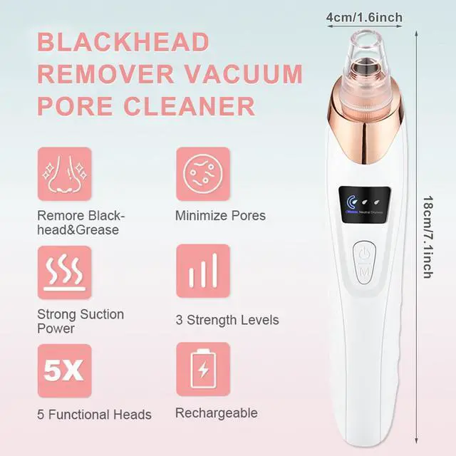 Alt view image 3 of 7 - 2026 Pore Vacuum, Blackhead Remover with 3 Adjustable Suction Levels, USB Rechargeable, 5 Replaceable Heads for Face Deep Cleansing, Includes Blackhead Spatula for Women & Men Blackhead Remover Vacuum