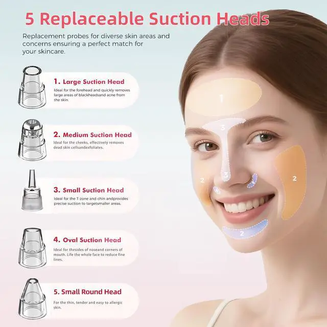 Alt view image 5 of 7 - 2026 Pore Vacuum, Blackhead Remover with 3 Adjustable Suction Levels, USB Rechargeable, 5 Replaceable Heads for Face Deep Cleansing, Includes Blackhead Spatula for Women & Men Blackhead Remover Vacuum
