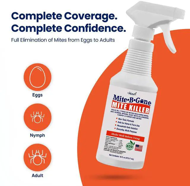 Alt view image 2 of 7 - Dust Mite Killer Spray by Mite-B-Gone 16oz | Naturally Kills Human Mites, Chicken, Bird, Dust, Spider, Rat, Turkey, Carpet Mites | Family & Pet Safe Treatment for Homes, Furniture, Bedding & Farms
