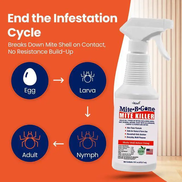 Alt view image 5 of 7 - Dust Mite Killer Spray by Mite-B-Gone 16oz | Naturally Kills Human Mites, Chicken, Bird, Dust, Spider, Rat, Turkey, Carpet Mites | Family & Pet Safe Treatment for Homes, Furniture, Bedding & Farms