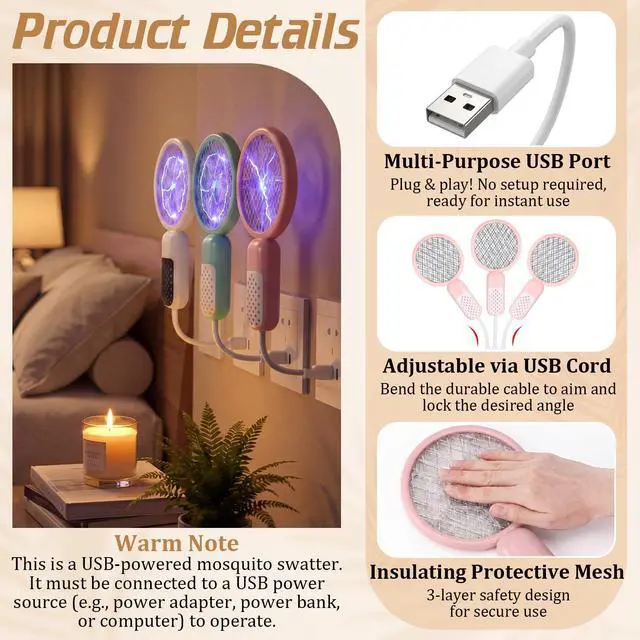 Alt view image 2 of 7 - 3 Pcs Mini Electric Mosquito Swatter Plug-and-Play USB Bug Attracting Lamp Portable Mosquito Killer Lamp UV Insect Trap Safety Net for Outdoor Gnats, Moths, Fruit Flies (Morandi Colors)