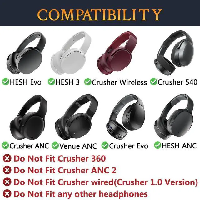 Alt view image 2 of 7 - Earpads for Skullcandy Hesh 3/ANC/Evo & Crusher Wireless/540/ANC/Evo & Venue ANC Over-Ear Headphones, Ear Pads Cushions with Protein Leather, Noise Isolation Foam - Black