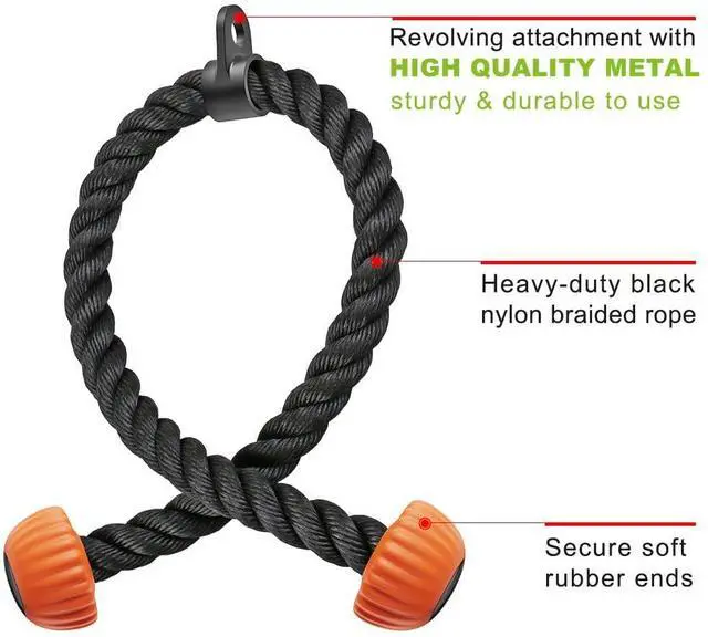 Alt view image 5 of 7 - Triceps Rope with Non-Slip Soft Rubber Ends Home Gym Cable Attachment Workout Accessories 28 inches Long Orange