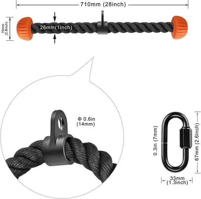 Alt view image 6 of 7 - Triceps Rope with Non-Slip Soft Rubber Ends Home Gym Cable Attachment Workout Accessories 28 inches Long Orange