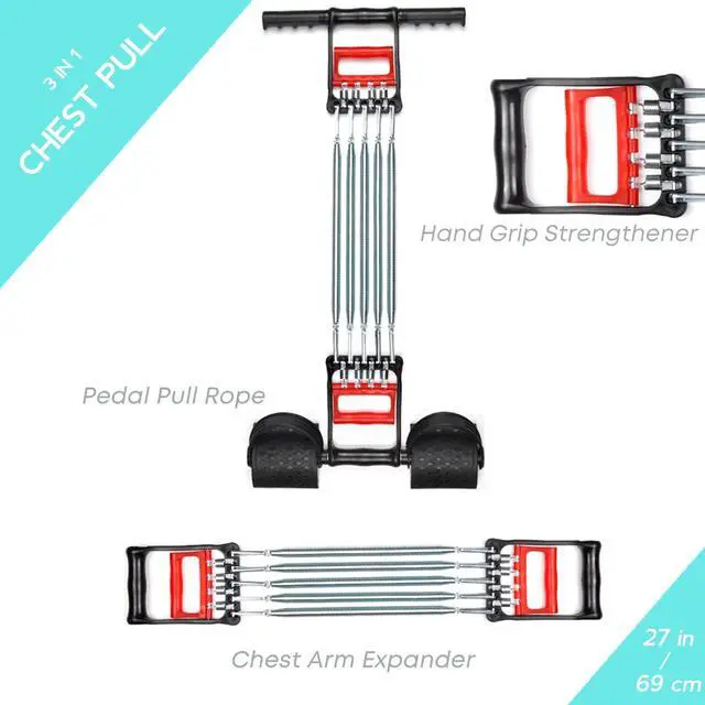 Alt view image 3 of 7 - 3 in 1 Exerciser - Spring Chest Expander, Hand Grip Strengthener, Pedal Pull Rope Band - Home Fitness Equipment with 5 Metal Springs for Finger Abdomen Waist Arm Stretching Slimming Training