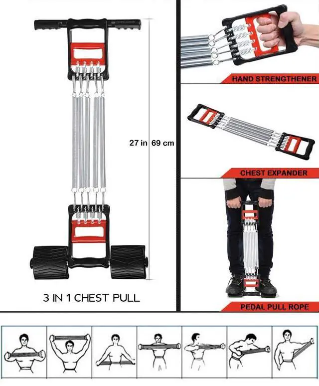 Alt view image 4 of 7 - 3 in 1 Exerciser - Spring Chest Expander, Hand Grip Strengthener, Pedal Pull Rope Band - Home Fitness Equipment with 5 Metal Springs for Finger Abdomen Waist Arm Stretching Slimming Training
