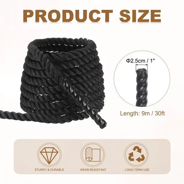 Alt view image 2 of 6 - Battle Rope 10ft x 1 Inch Polyester Workout Rope Heavy Fitness Exercise Rope for Strength Training Home Gym Muscle Building, Black