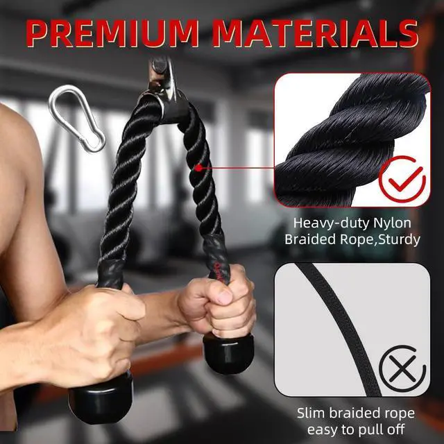 Alt view image 2 of 5 - Tricep Rope with Upgraded Rubber Handles,35 Inch Tricep Pull Down Rope for Cable Machine, Greater Range of Motion, Triceps Rope Cable Attachment for Gym, Home, Easy to Grip, Non-Slip