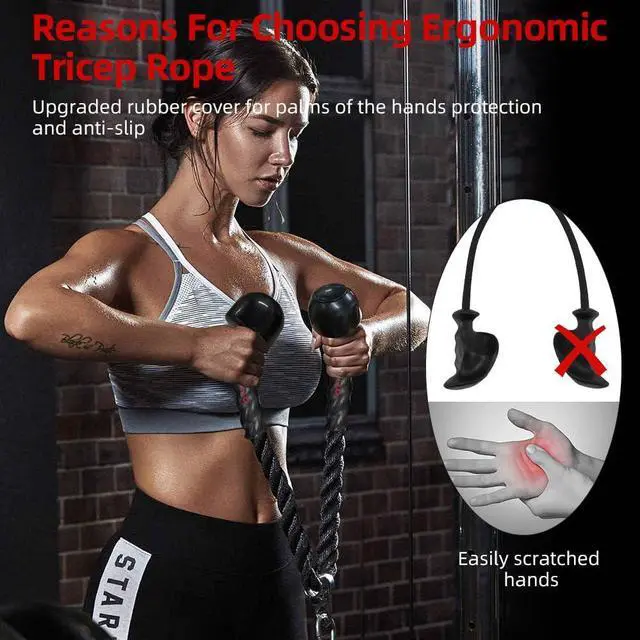 Alt view image 4 of 5 - Tricep Rope with Upgraded Rubber Handles,35 Inch Tricep Pull Down Rope for Cable Machine, Greater Range of Motion, Triceps Rope Cable Attachment for Gym, Home, Easy to Grip, Non-Slip