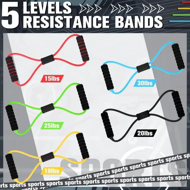 Alt view image 2 of 7 - 5 Pack Figure 8 Fitness Resistance Bands with Handles, Figure 8 Bands with Handles Elastic Exercise Band Fitness Pulling Rope, for Working Out, Back, Arm, Shoulder Stretch Training