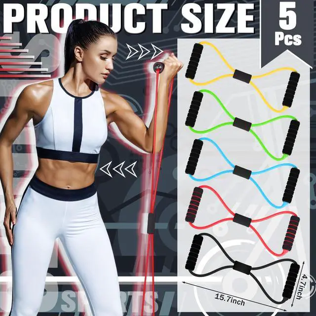 Alt view image 6 of 7 - 5 Pack Figure 8 Fitness Resistance Bands with Handles, Figure 8 Bands with Handles Elastic Exercise Band Fitness Pulling Rope, for Working Out, Back, Arm, Shoulder Stretch Training