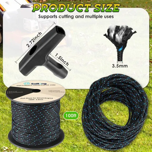 Alt view image 3 of 7 - 3.5mm 100' Starter Rope, pull cord rope for small engine with 2 Starter Handle, Diameter High wear Resistant, Low Stretch, Replacement for Lawn Mower Chainsaw Trimmer Edger Brush Cutter Engine