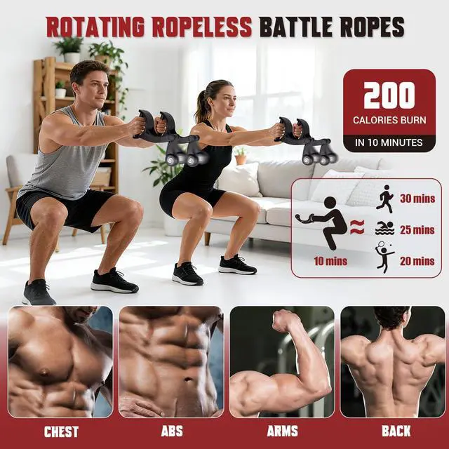 Alt view image 2 of 7 - Ropeless Battle Rope, Weighted Cordless Battle Ropes for Home Gym with Quiet Bearings, Portable Battle Rope Sticks for HIIT, Cardio, Strength Training, Fitness Equipment for Men & Women(2PC)