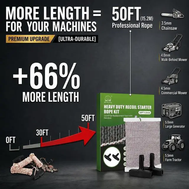 Alt view image 2 of 7 - High Strength Recoil Start Rope Replacement for Chainsaws, Lawn Mowers, Gas or Diesel Engines -4.0mm 50 feet with 2 Universal Handles Compatible with Briggs & Stratton,Husqvarna, STIHL