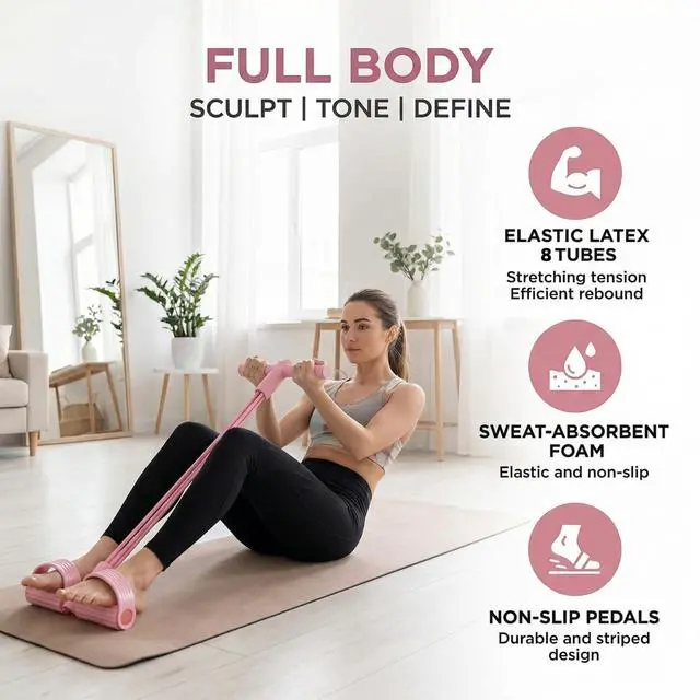 Alt view image 2 of 5 - Pedal Resistance Band with Handle, Fashion Puller Exercise Pedal 8 Tube Device Foot Bands Handles Multifunction Elastic Pull Rope Fitness Tension for Abdomen/Waist/Arm/Leg Stretching Training (Pink)