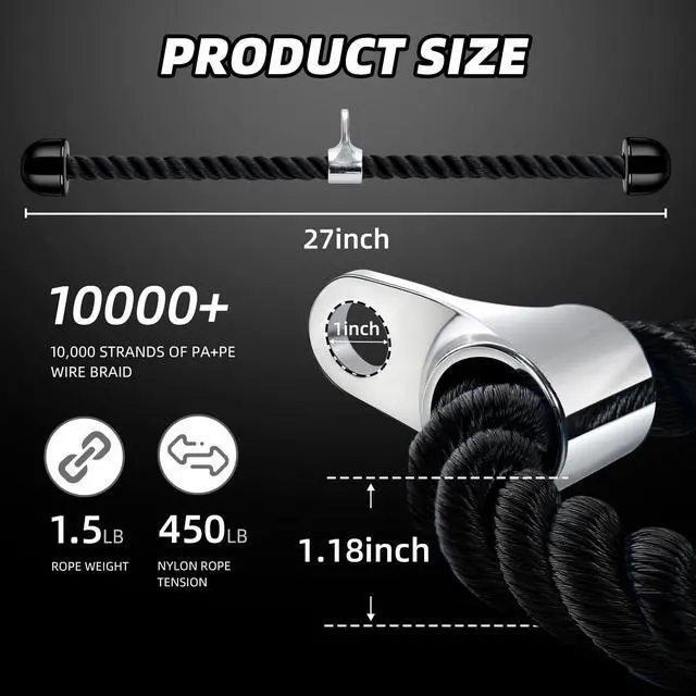 Alt view image 2 of 7 - Universal Tricep Rope Pull Down - 28 Inch Heavy Rope Length, Easy to Grip & Non Slip Cable Attachment, Suitable for Professional Gyms (Black)