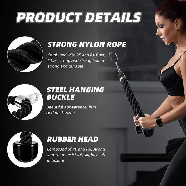 Alt view image 4 of 7 - Universal Tricep Rope Pull Down - 28 Inch Heavy Rope Length, Easy to Grip & Non Slip Cable Attachment, Suitable for Professional Gyms (Black)