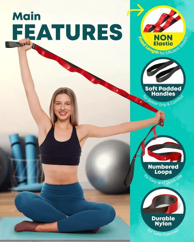 Alt view image 3 of 7 - Stretching Strap with Loops - Non Elastic Stretch Band for Physical Therapy, Yoga Strap for Stretching Equipment, Stretch Bands for Exercise and Flexibility - Fascia, Hamstring and Leg Stretcher Belt