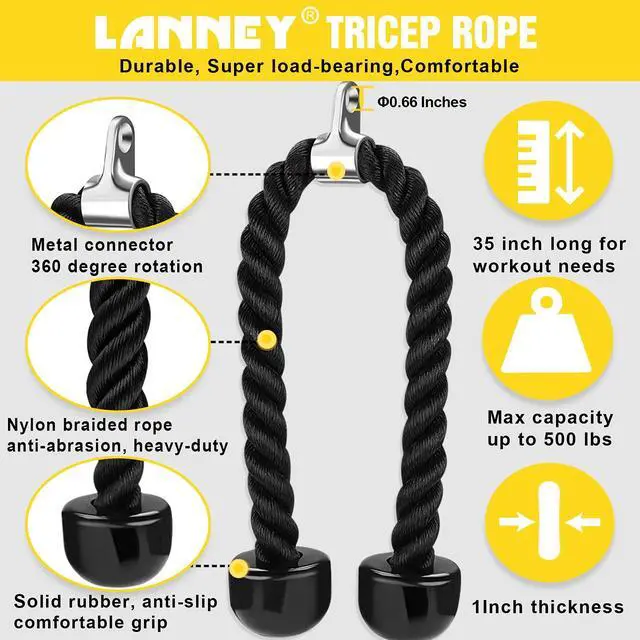 Alt view image 2 of 6 - Tricep Rope Cable Machine Attachment, 35" Triceps Pull Down Rope LAT Pulldown Attachments, Home Gym Accessories Set with Resistance Bands Handle, Ankle Straps, Carabiner, Wrist Wraps for Exercise