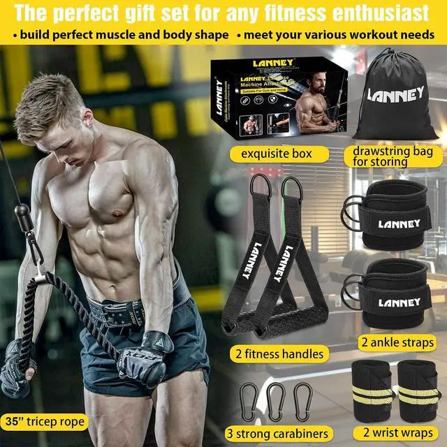 Alt view image 6 of 6 - Tricep Rope Cable Machine Attachment, 35" Triceps Pull Down Rope LAT Pulldown Attachments, Home Gym Accessories Set with Resistance Bands Handle, Ankle Straps, Carabiner, Wrist Wraps for Exercise