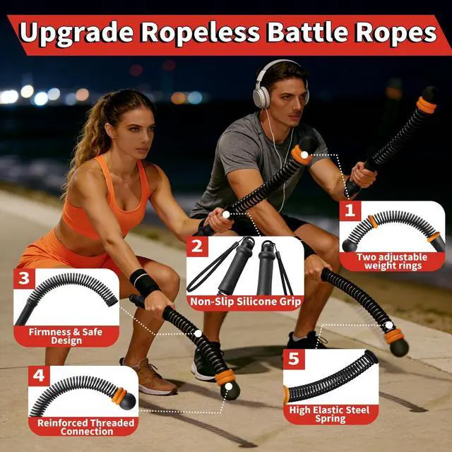 Alt view image 2 of 7 - Ropeless Battle Ropes, Workout Exercise Rope for Strength Building, Heavy Duty Portable Cordless Battle Ropes for Home Gym, HIIT and Low-Impact Aerobic Training for Men & Women, Black