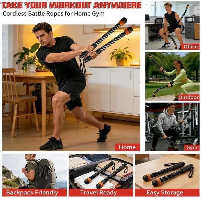Alt view image 5 of 7 - Ropeless Battle Ropes, Workout Exercise Rope for Strength Building, Heavy Duty Portable Cordless Battle Ropes for Home Gym, HIIT and Low-Impact Aerobic Training for Men & Women, Black